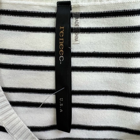 Renee C. Women’s Pullover Sweater Sz Large Black & White Stripe Brown Elbows - Picture 6 of 10